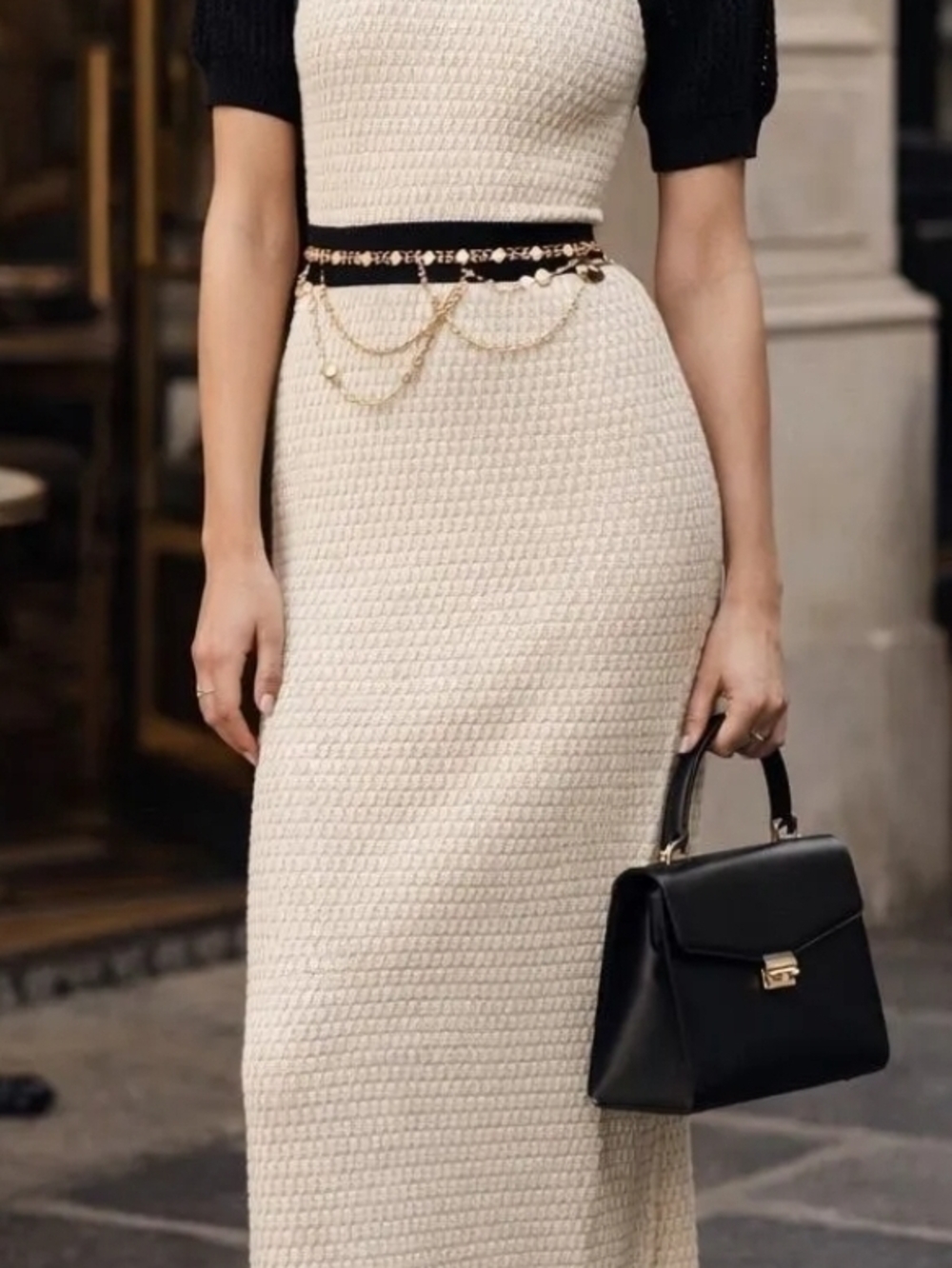 Anthropologie Cream Midi Dress with Black Trim - Picture 2 of 4